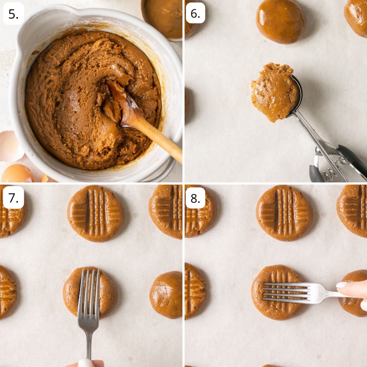 four photos showing how to scoop peanut butter cookies and press them down with a fork