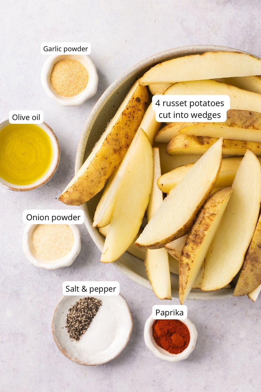 ingredients for air fryer potato wedges labeled
