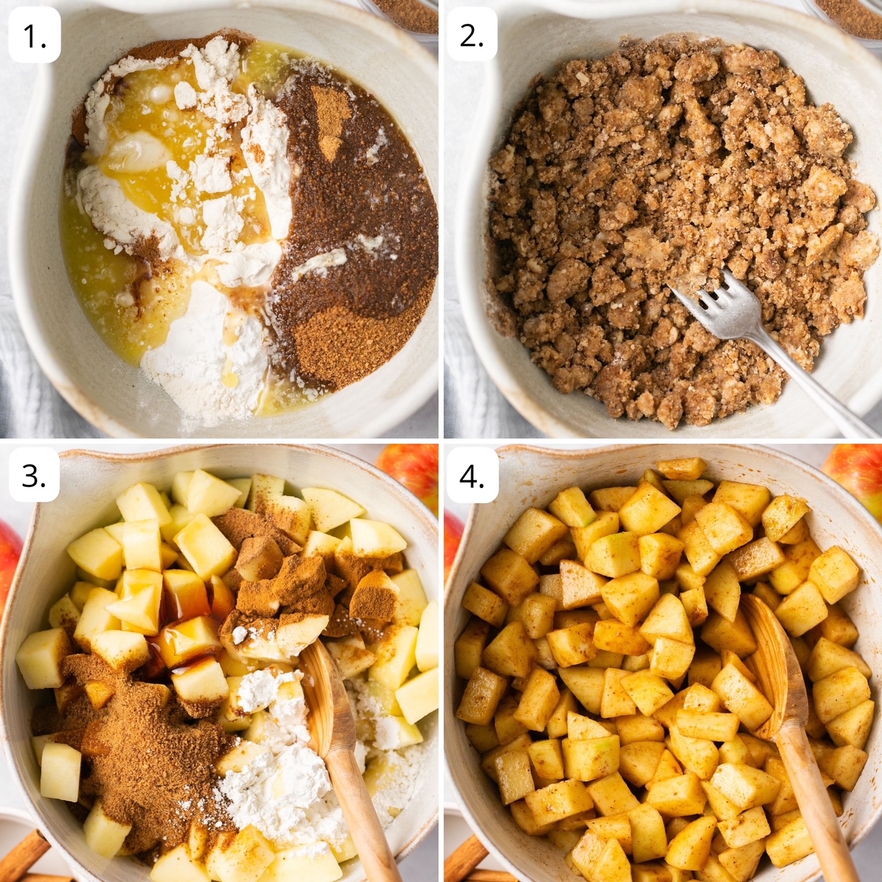 four quadrants of photos showing step by step instructions to make this recipe