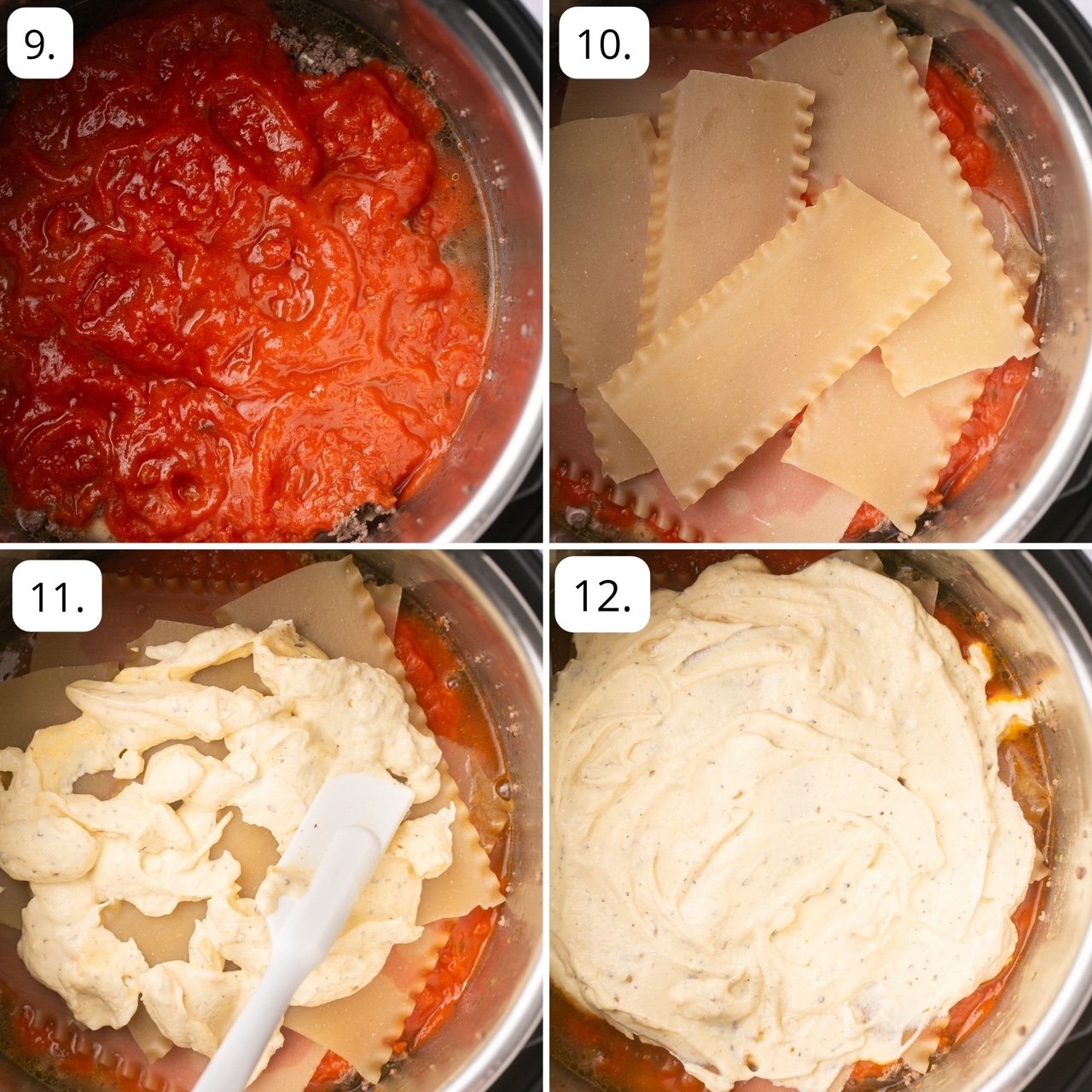 4 quadrants of photos showing how to layer the sauce, noodles, and cheese mixture
