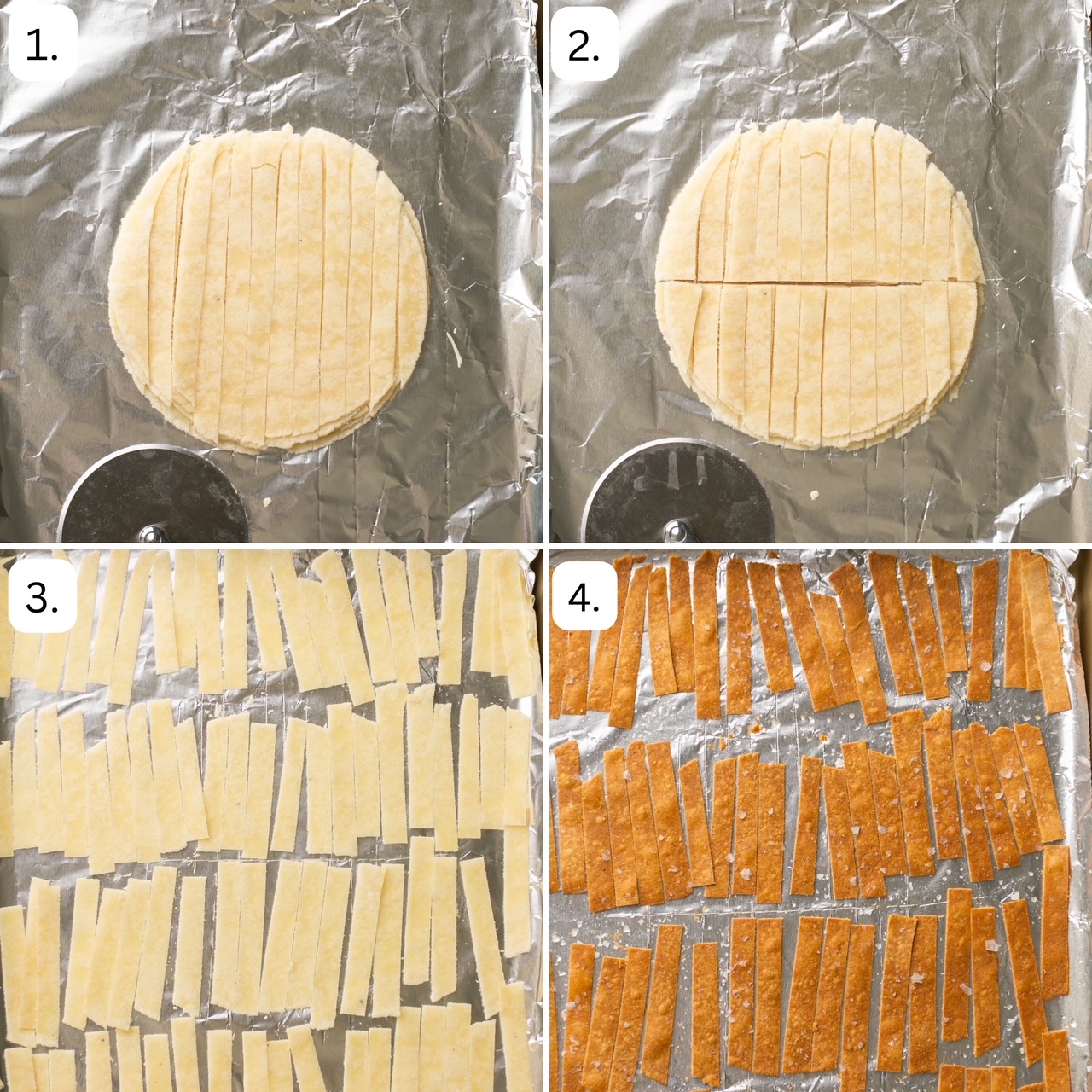Step by step photos showing how to make homemade tortilla strips