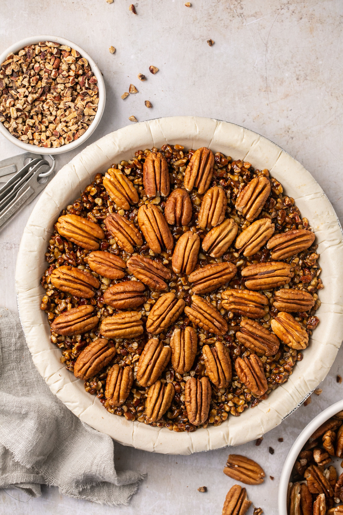 an overhead shot of a gluten-free pecan pie without corn syrup 