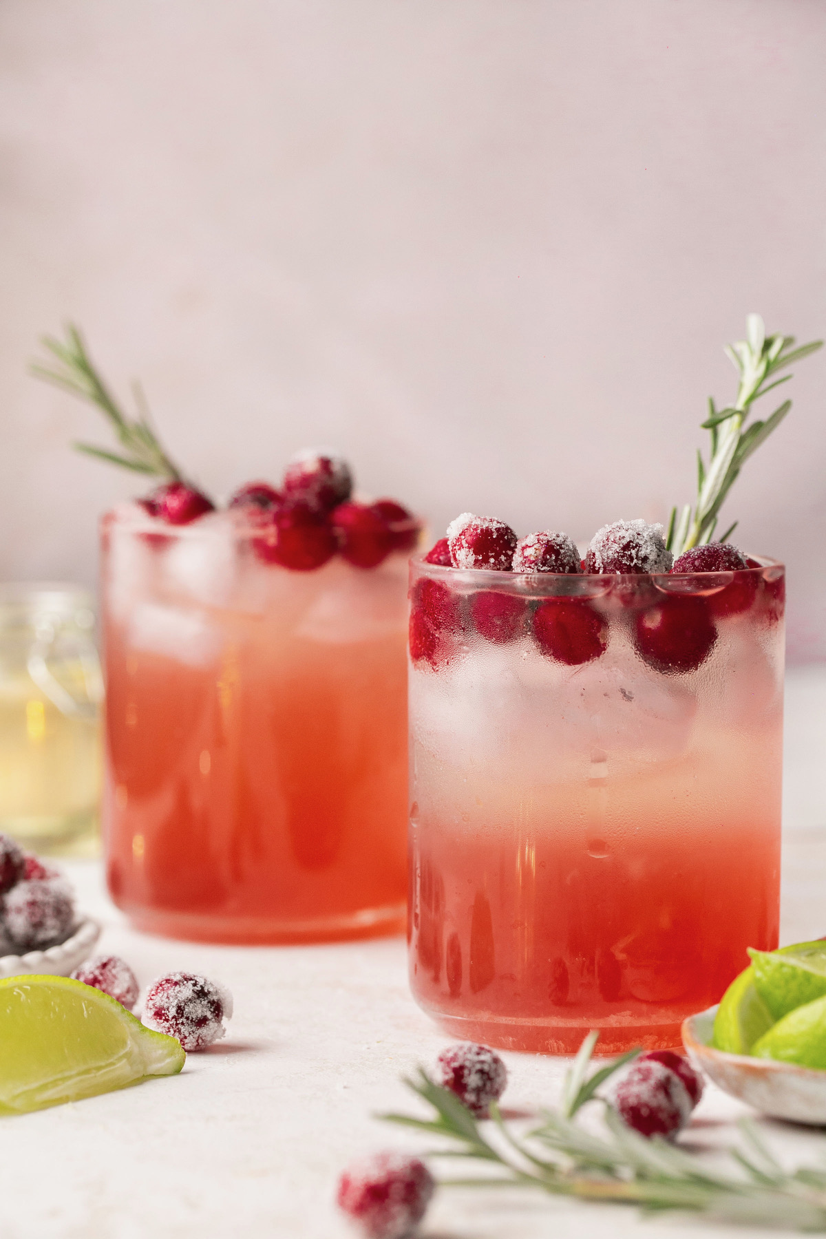 upclose shot of two cranberry vodka cocktails topped with fresh cranberries and rosemary sprigs