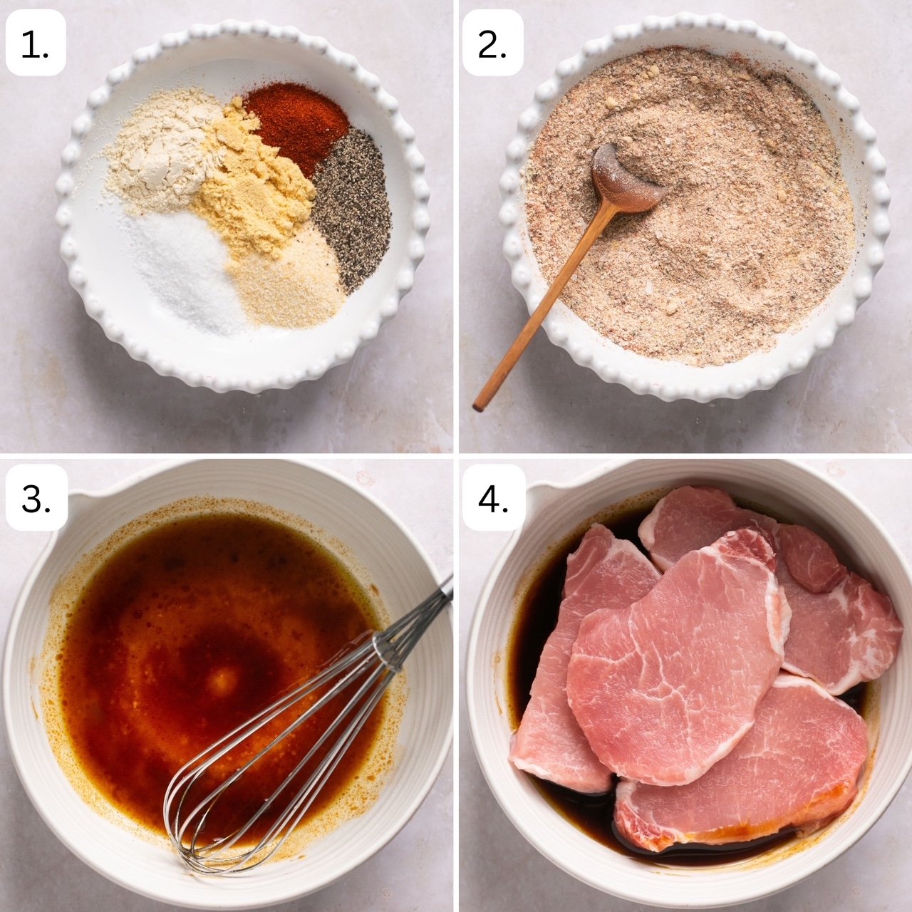 numbered step by step photos on how to make the pork chop marinade