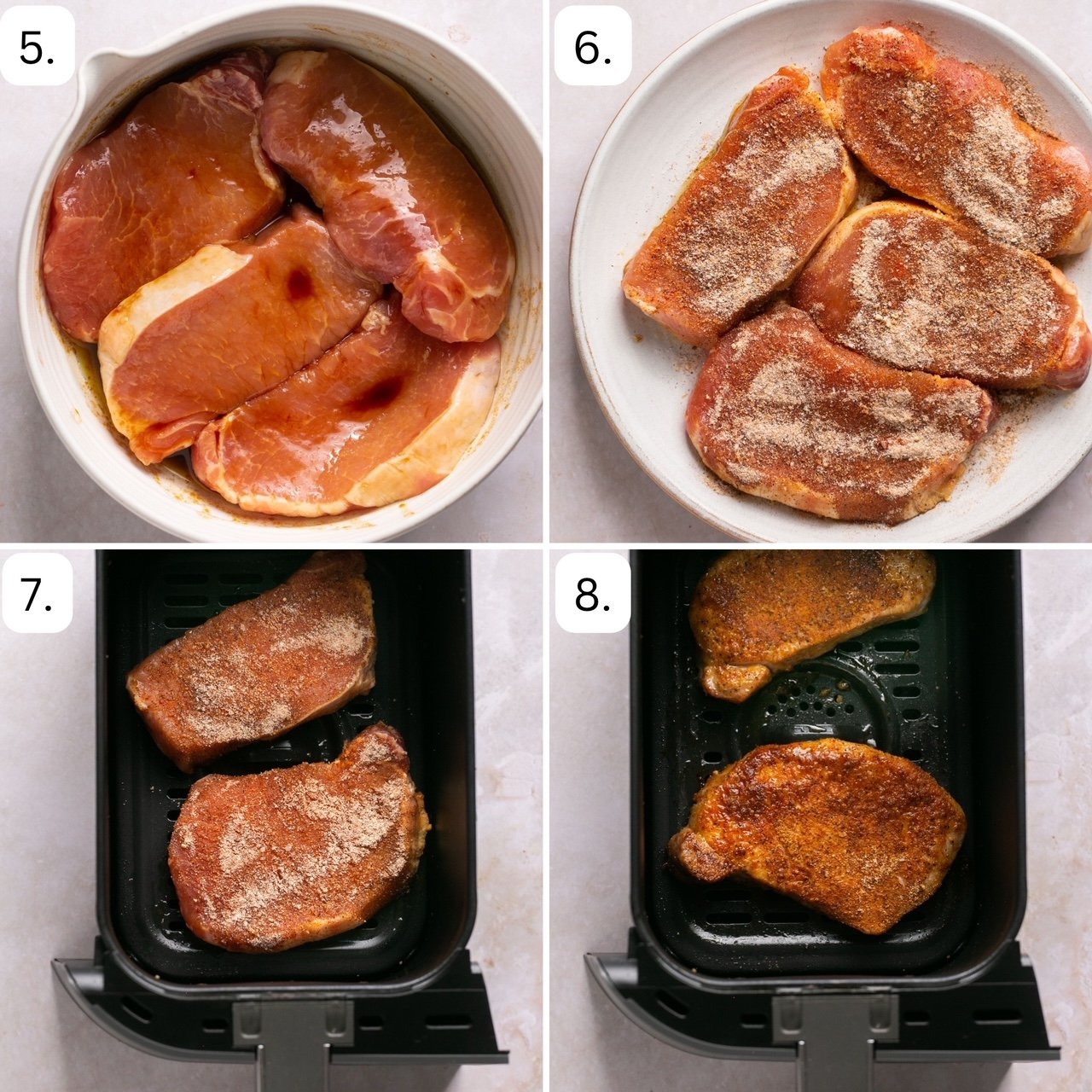 numbered step by step photos showing how to air fry pork chops without breading