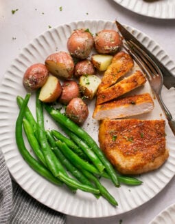 air fryer pork chops with roasted potatoes and green beans