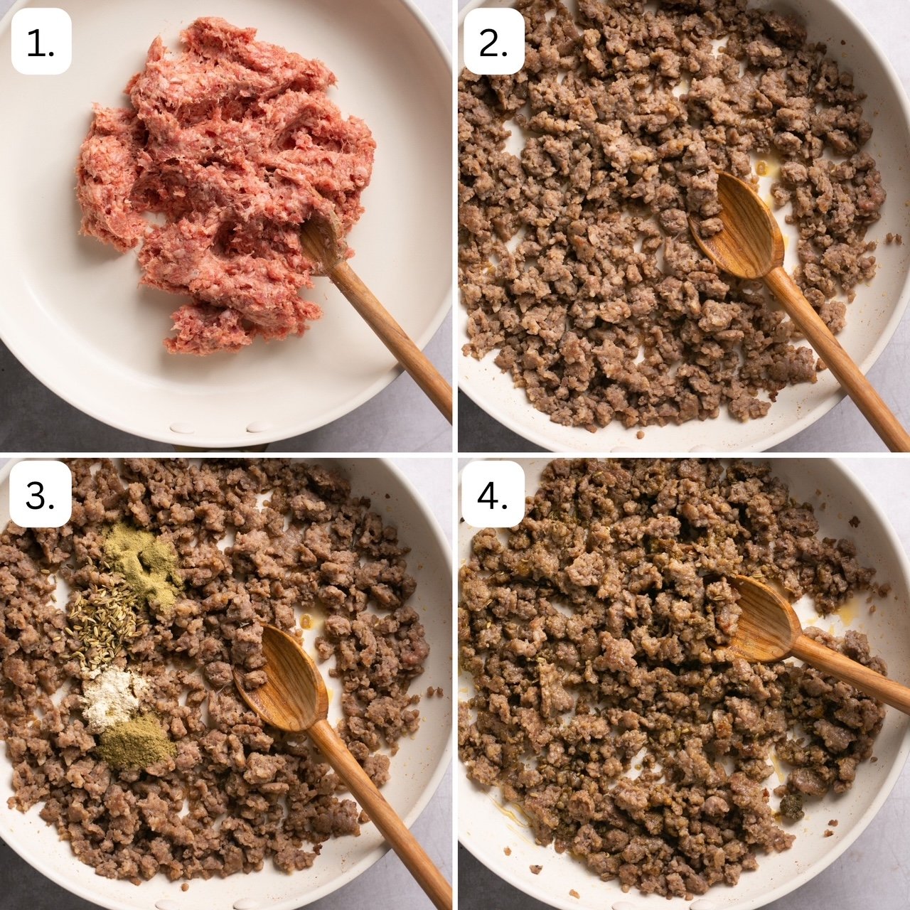 numbered step by step recipe photos showing how to prepare the sausage