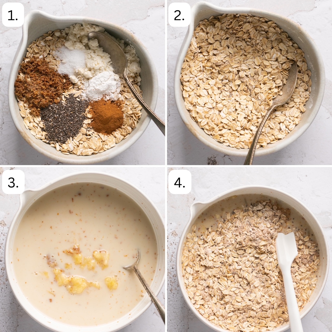 numbered step by step photos showing how to make vegan baked oats