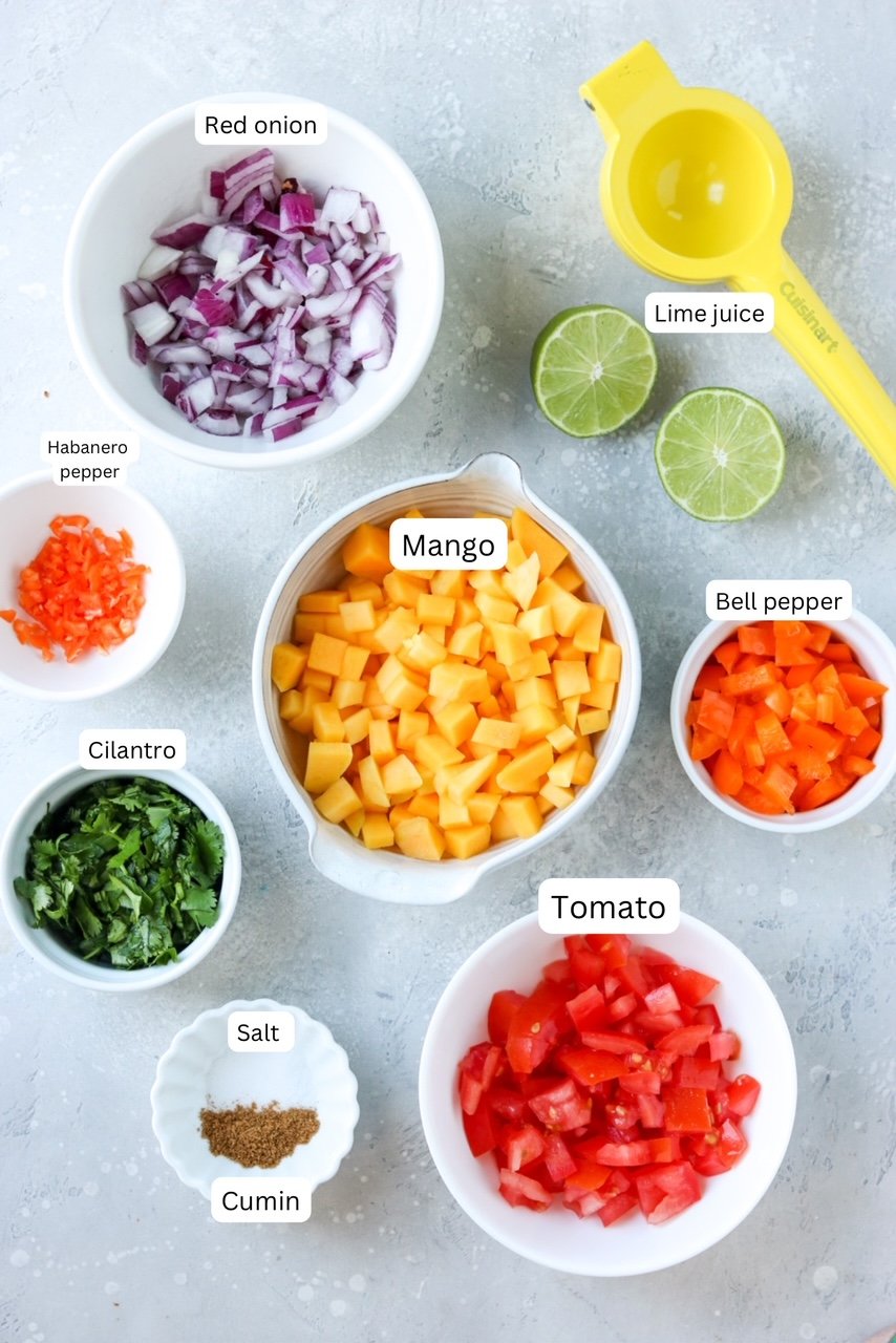 recipe ingredients in small bowls and labeled 