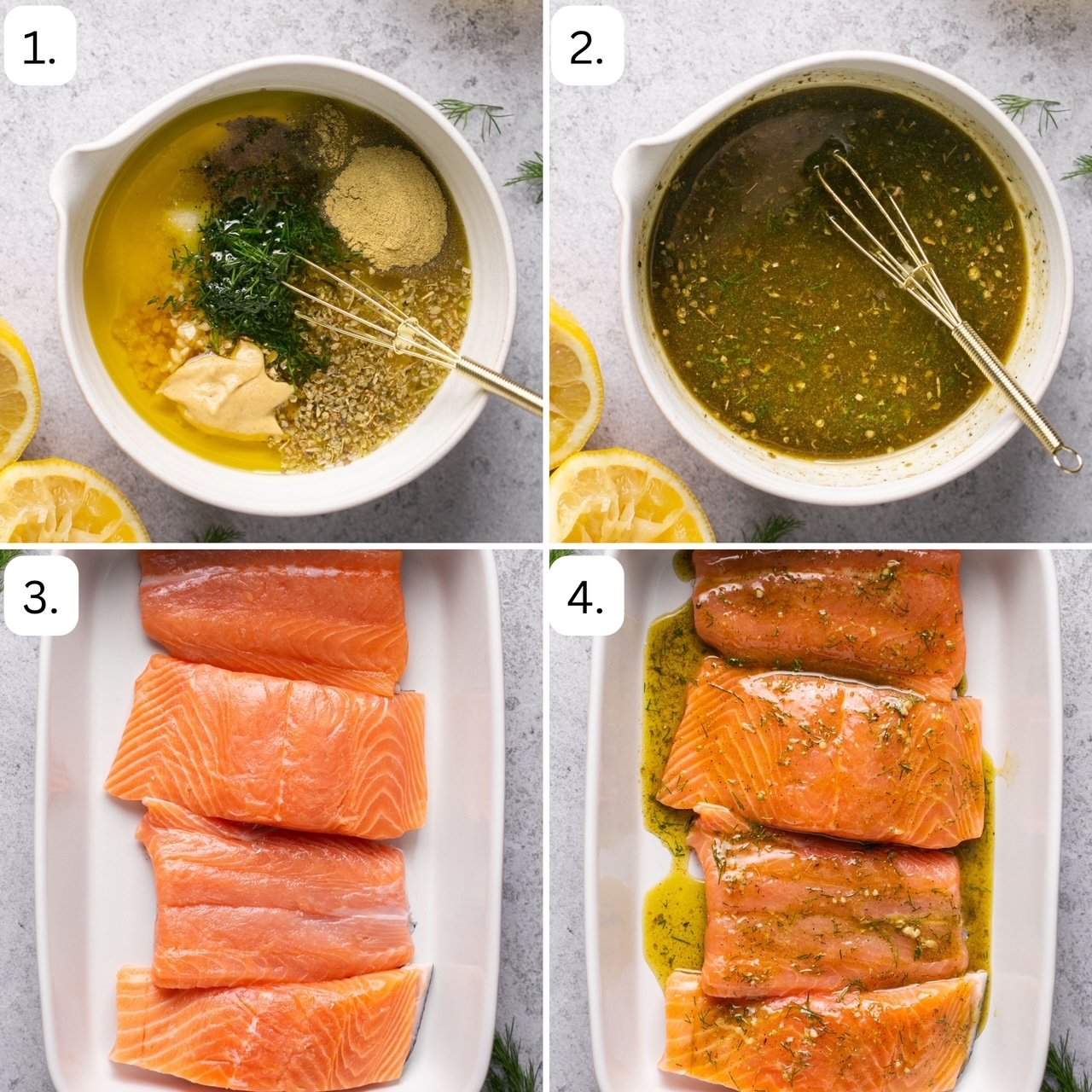 numbered step by step photos showing how to make the greek marinade and drench the salmon. 