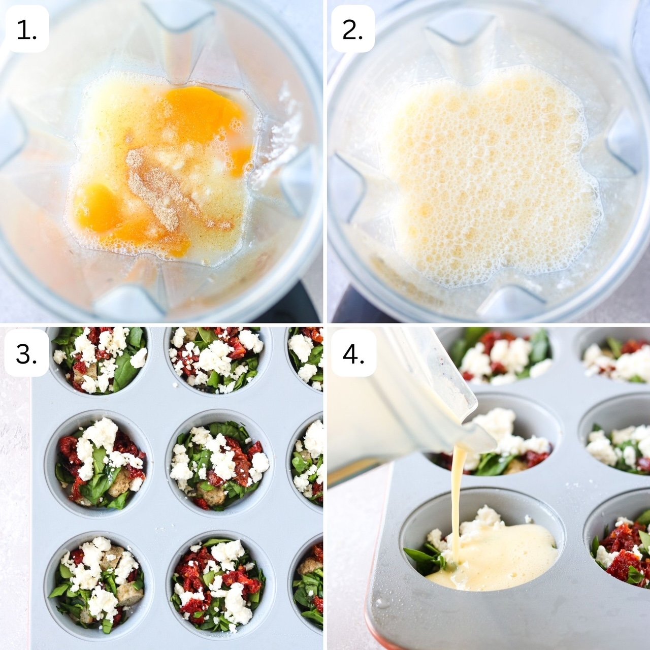 steps to make spinach feta egg bites in 4 quadrants