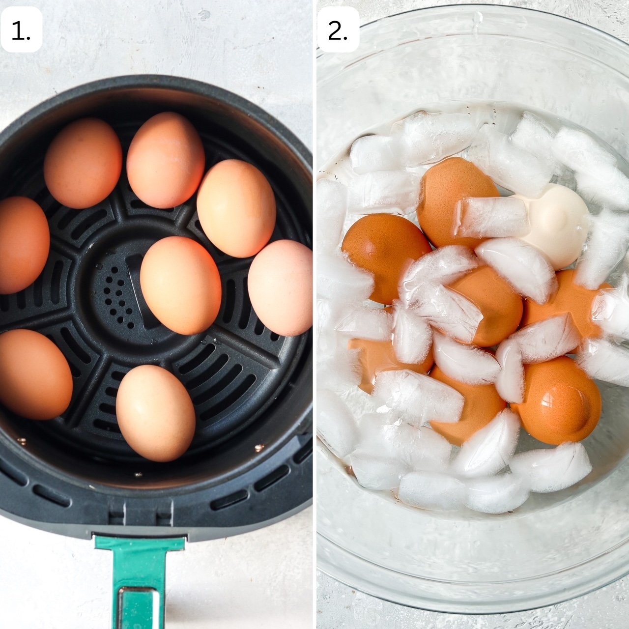numbered step by step photos showing how to make air fryer eggs and then put them into an ice bath.