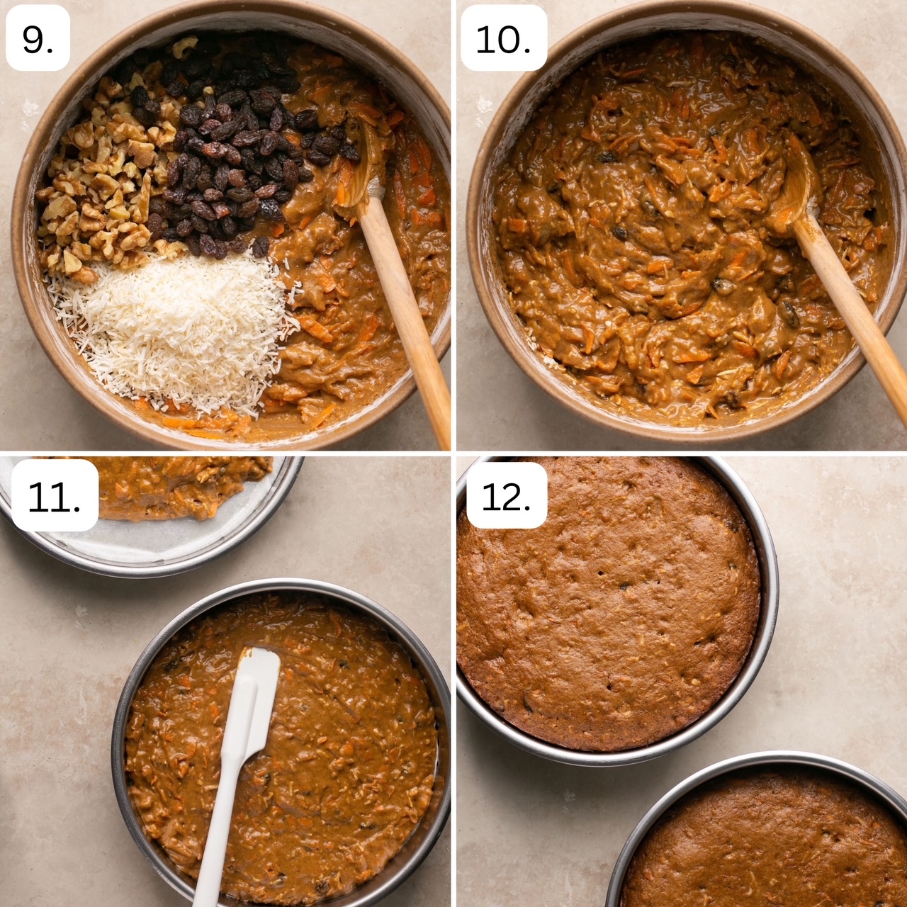 the last 4 steps for making gluten free carrot cake pictured in 4 quadrants