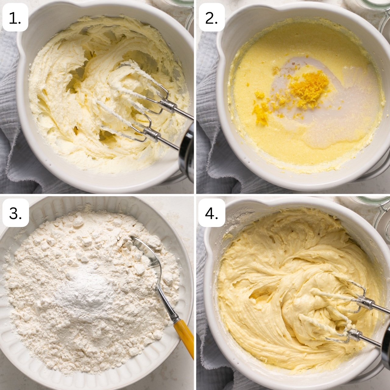 steps to make gluten free lemon drizzle cake in 4 quadrants