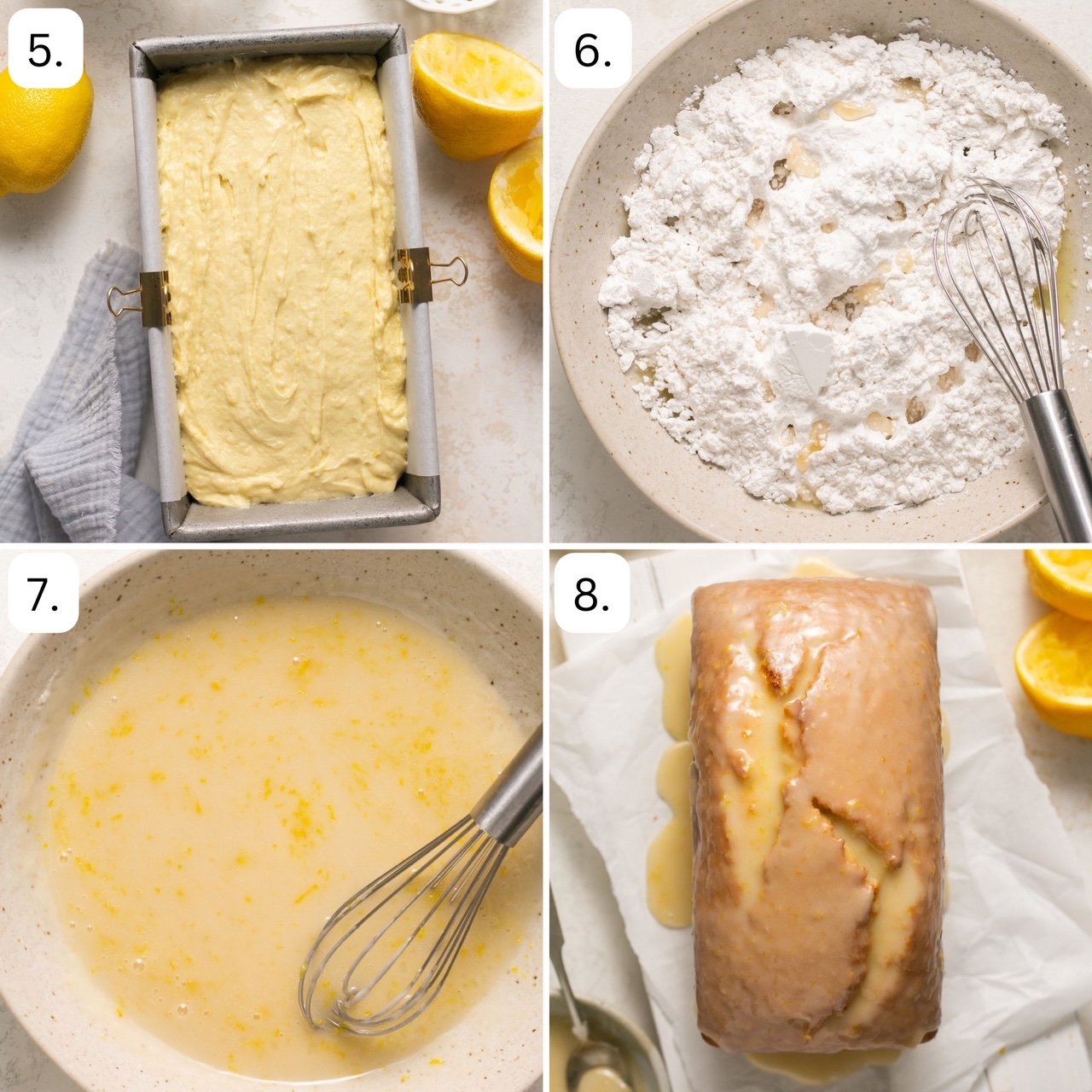 the last 4 steps to make lemon drizzle cake in 4 quadrants
