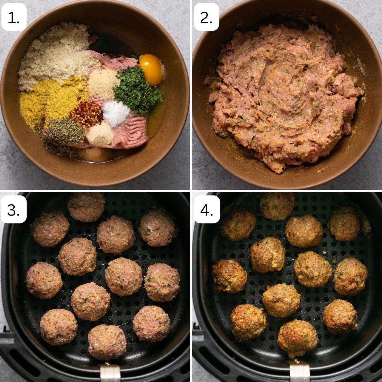 steps to make air fryer turkey meatballs in four quadrants