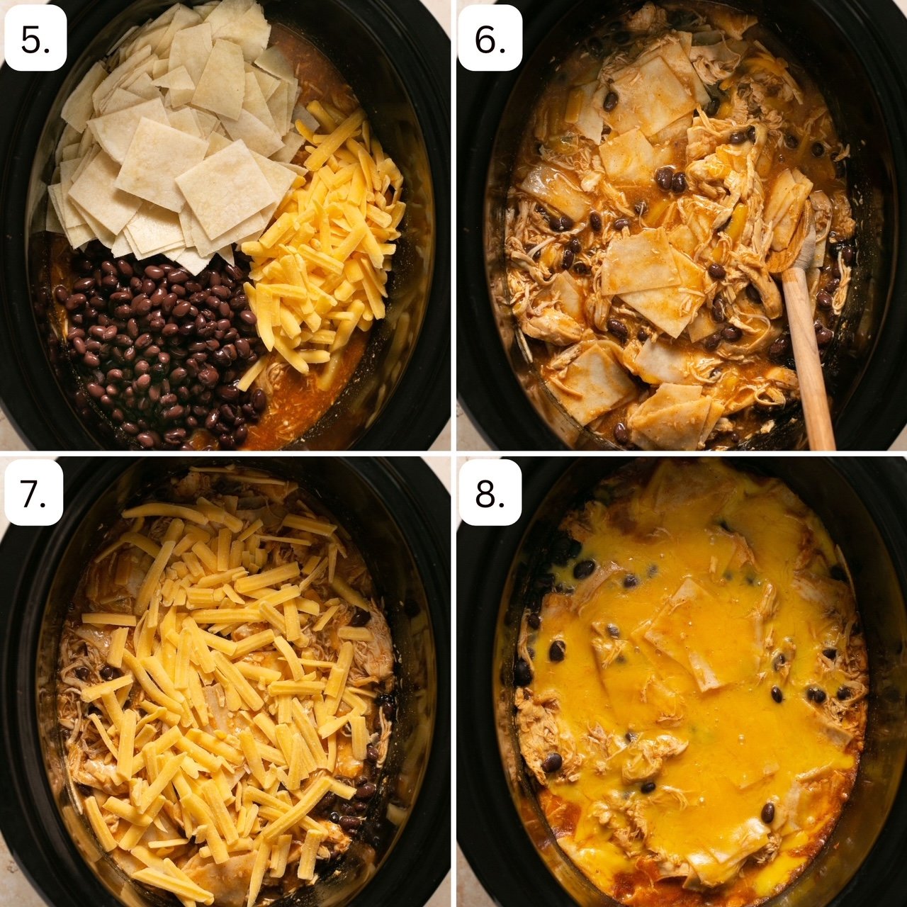 numbered step by step photos showing how to assemble the crock-pot chicken enchilada casserole