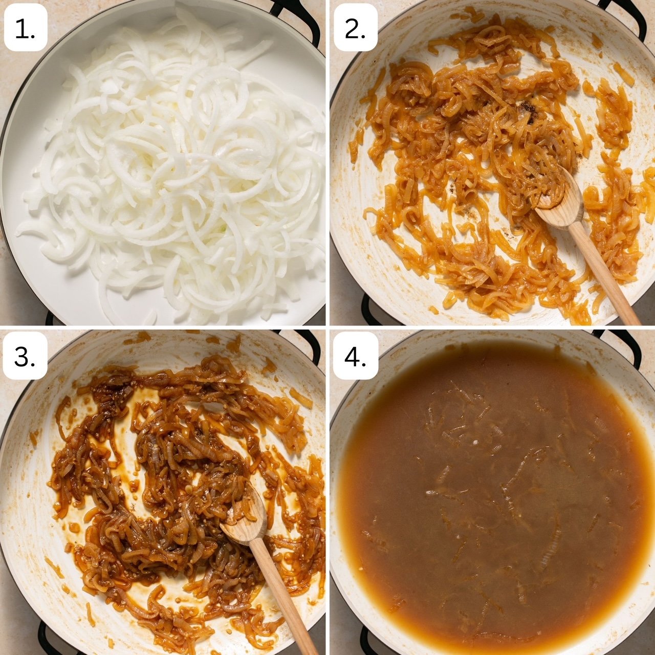 numbered step by step photos showing how to caramelize onions 