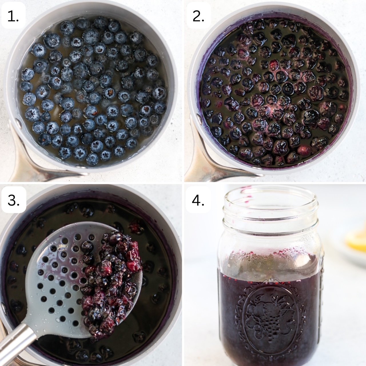 numbered step by step photos showing how to make blueberry simple syrup. 