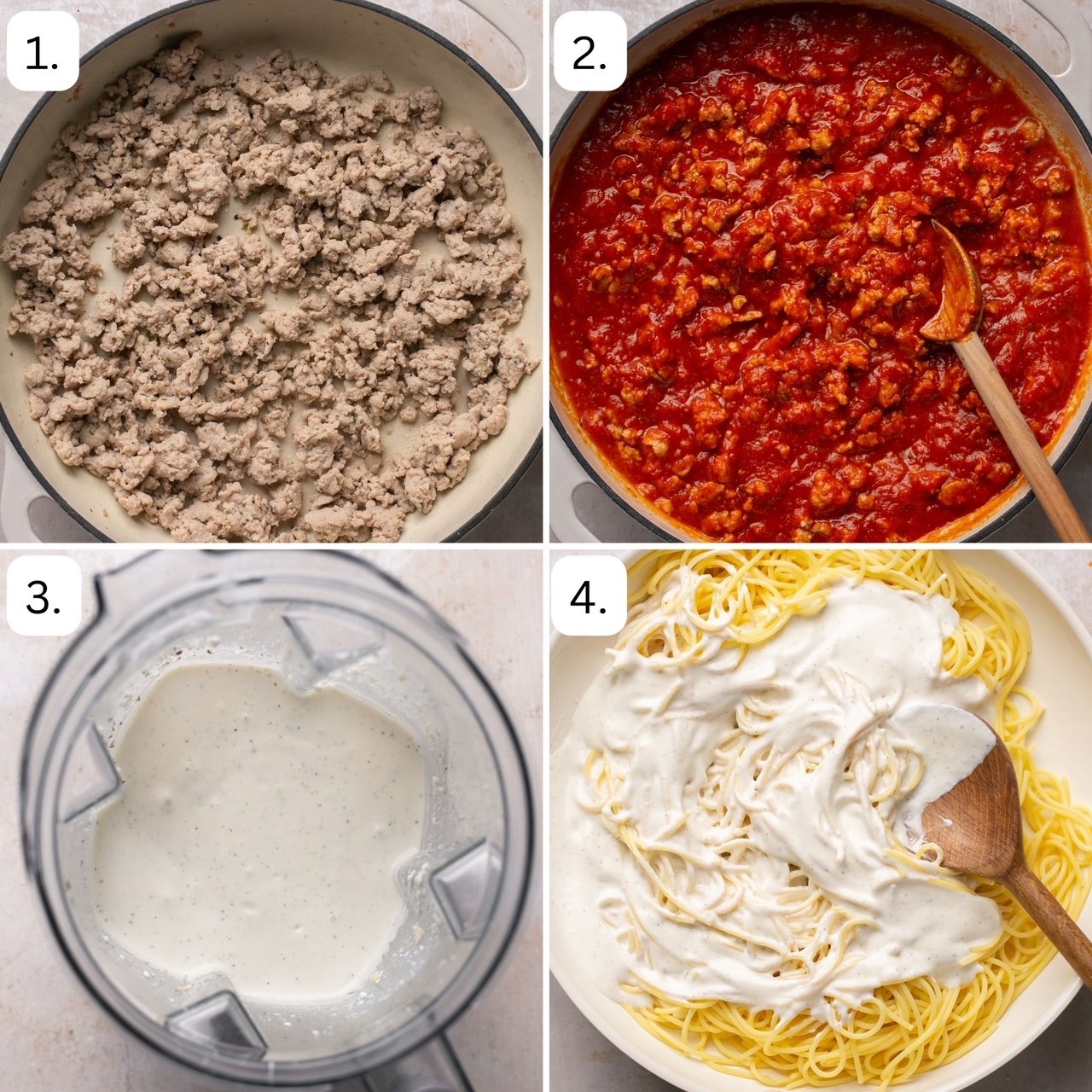 numbered step by step photos showing how to make the meat sauce and alfredo sauce. 