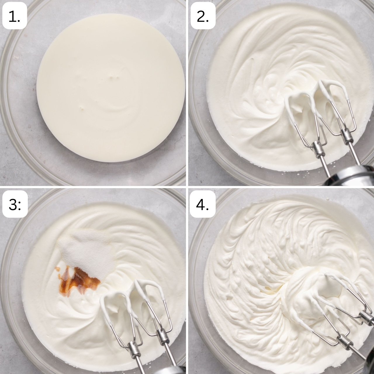 numbered step by step photos showing how to make homemade whipped cream. 
