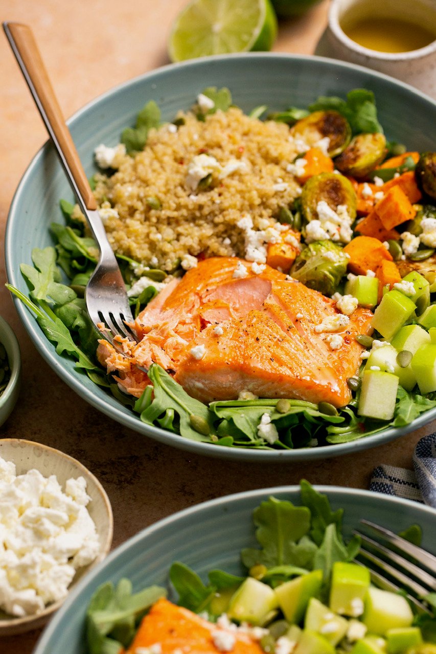 an up close photo of a piece of salmon resting on top of quinoa, arugula and other veggies. 