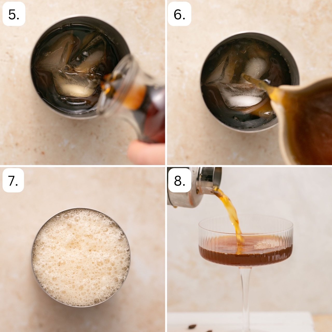 the last 4 steps for making an espresso martini