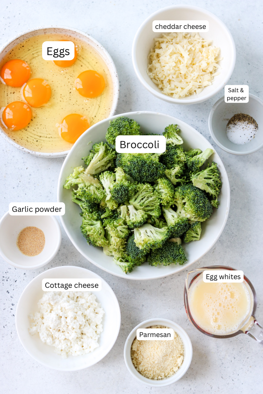 ingredients for broccoli cheese egg bites in nesting bowls