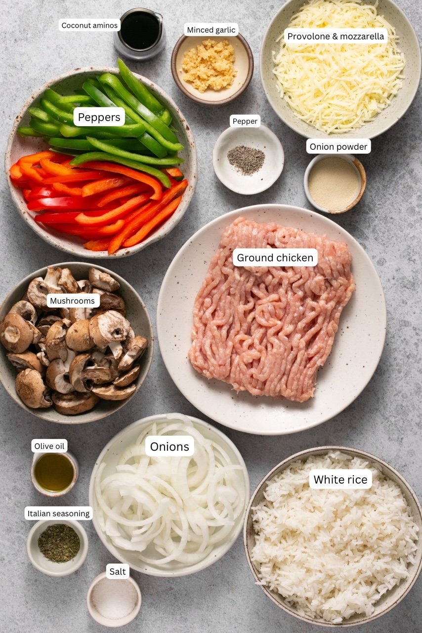 ingredients for making chicken philly cheesesteak meal prep containers