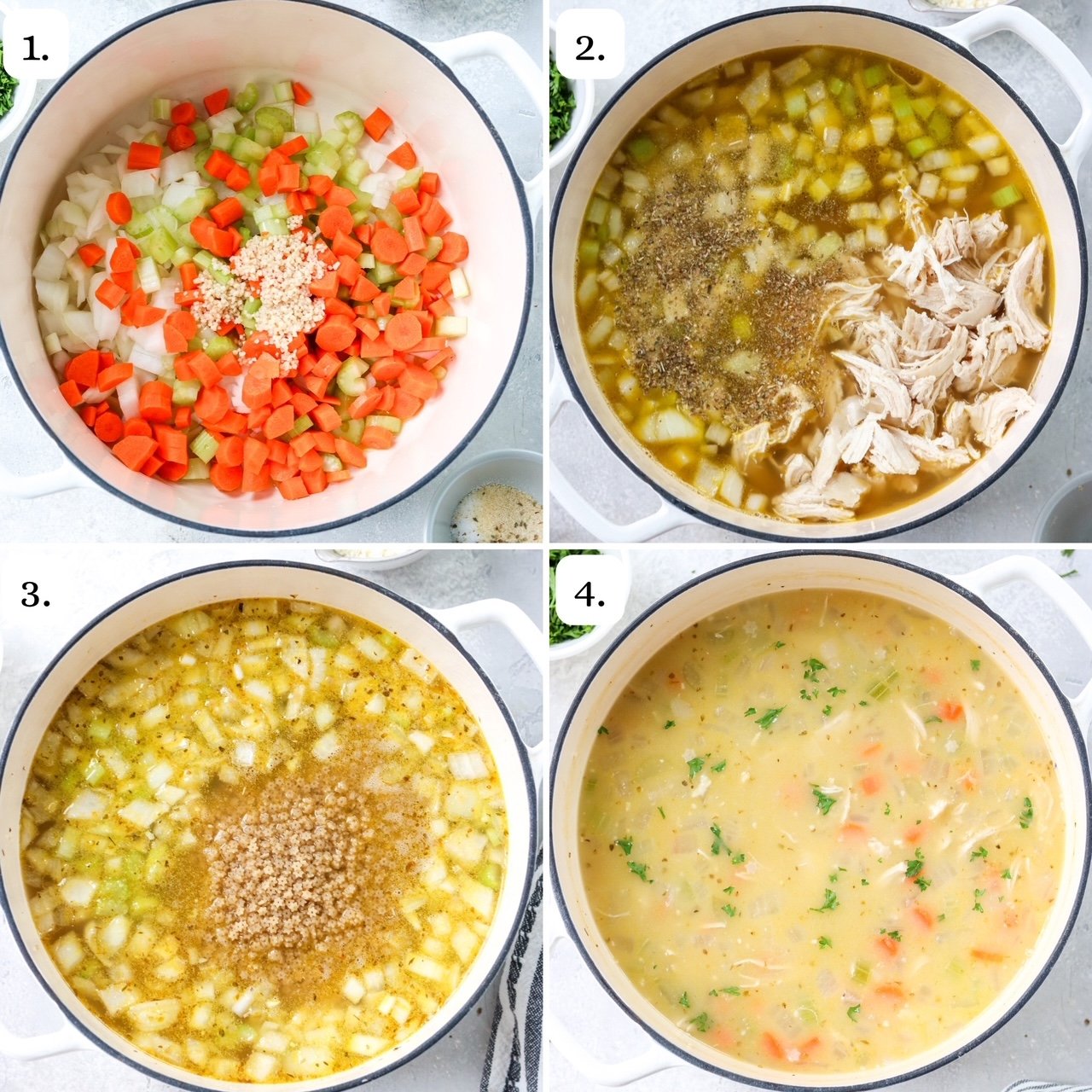 steps for making gluten free chicken noodle soup with pastina in 4 quadrants