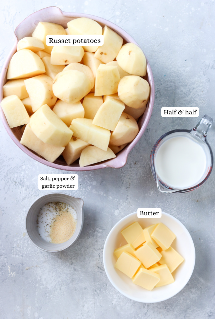 ingredients for gluten-free mashed potatoes in nesting bowls