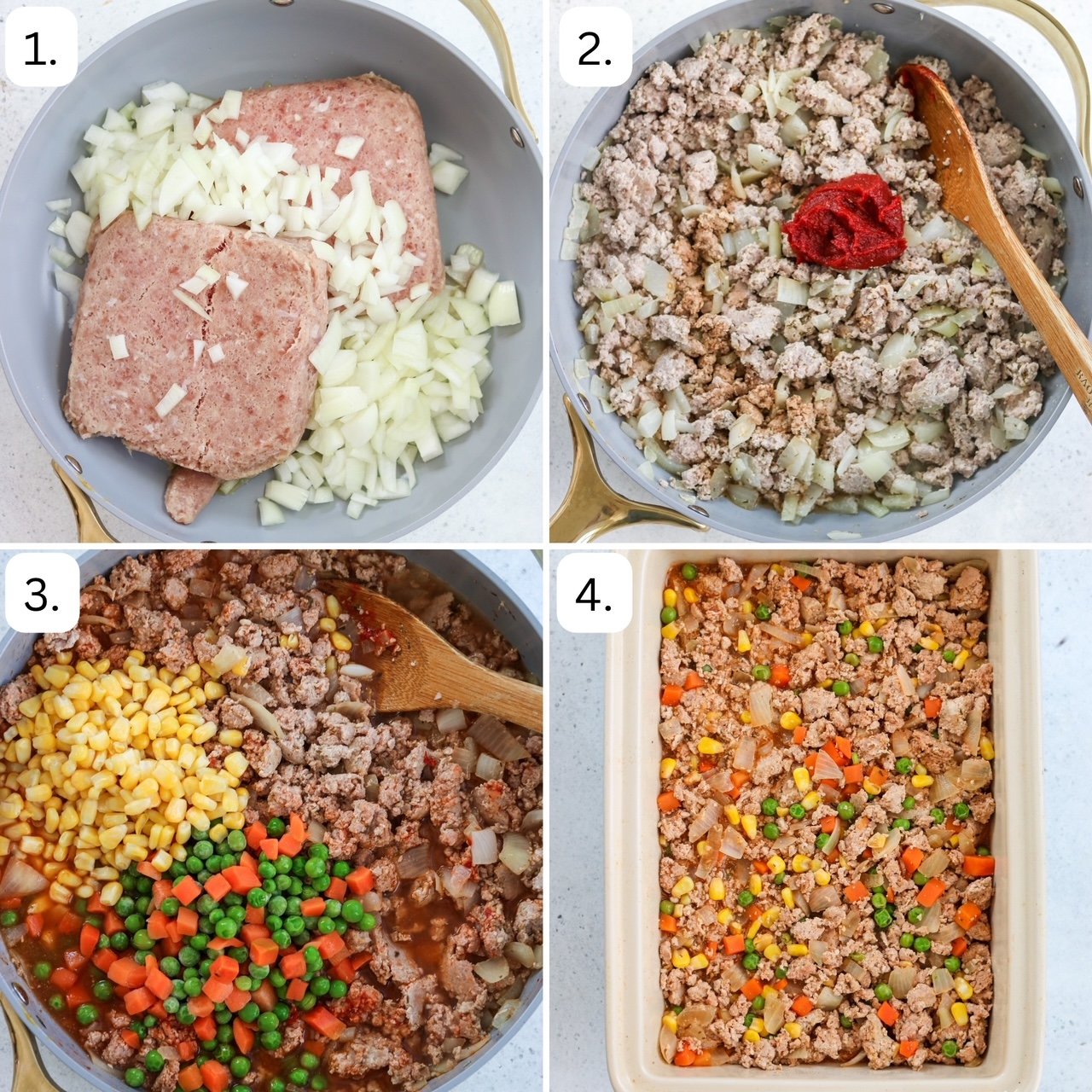 steps for making turkey shepherd's pie in four quadrants