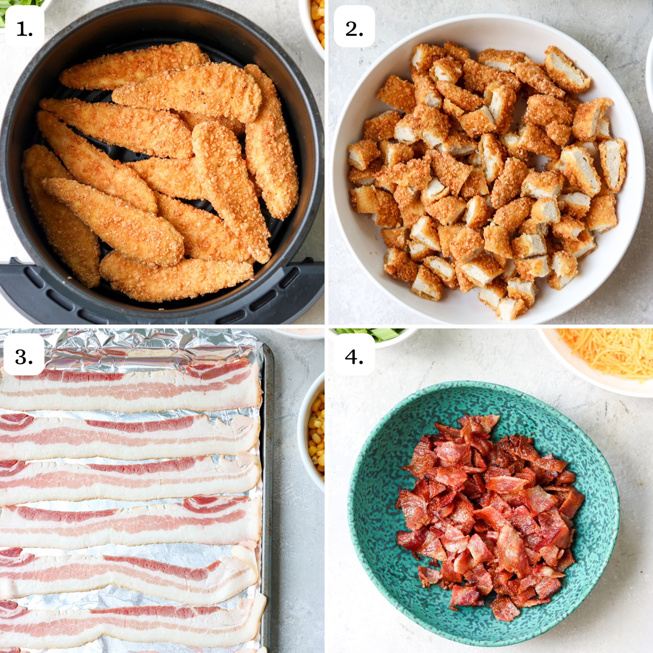 steps for making frozen chicken tenders in the air fryer and baked bacon for potato bowls