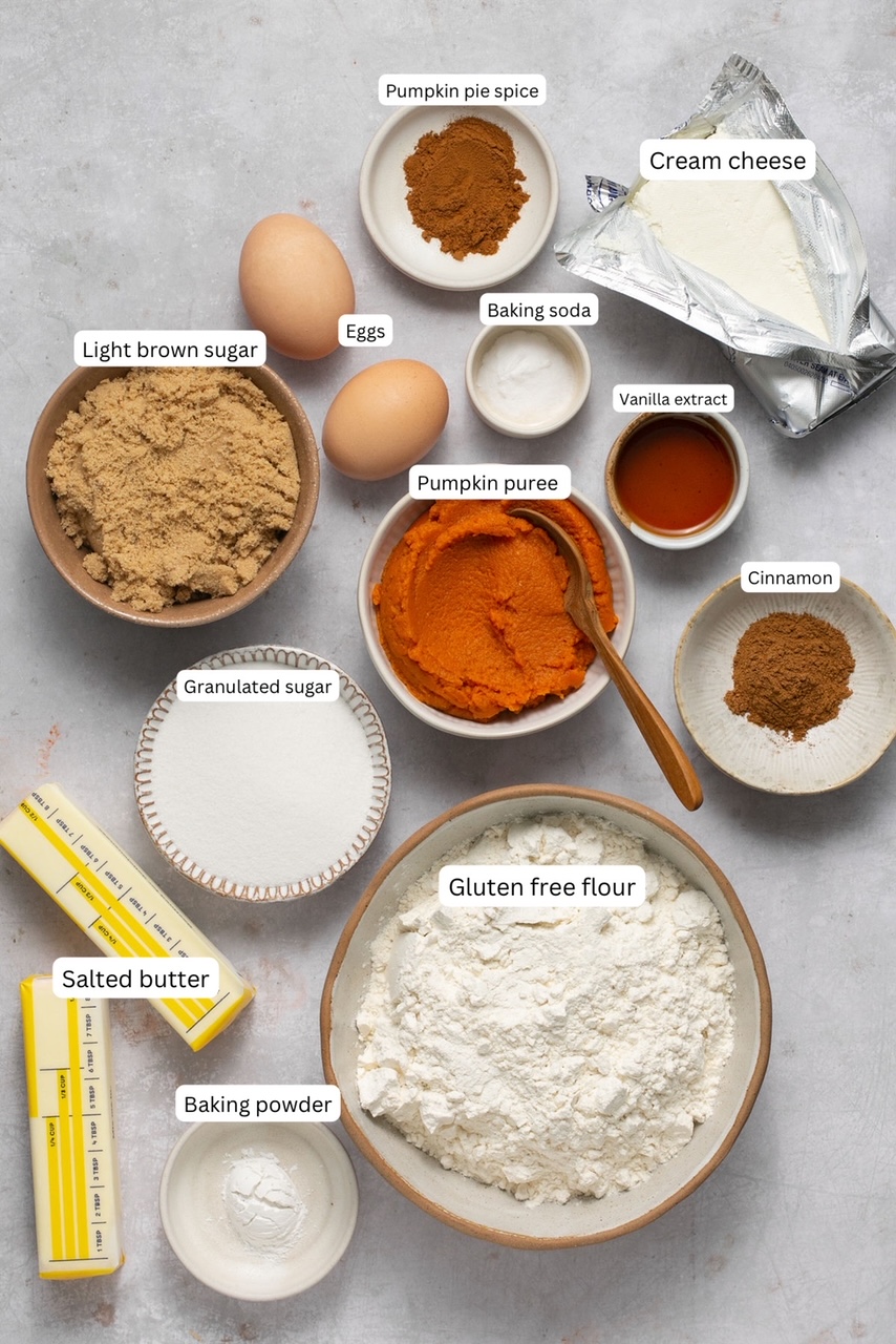 ingredients for pumpkin cheesecake cookies in nesting bowls