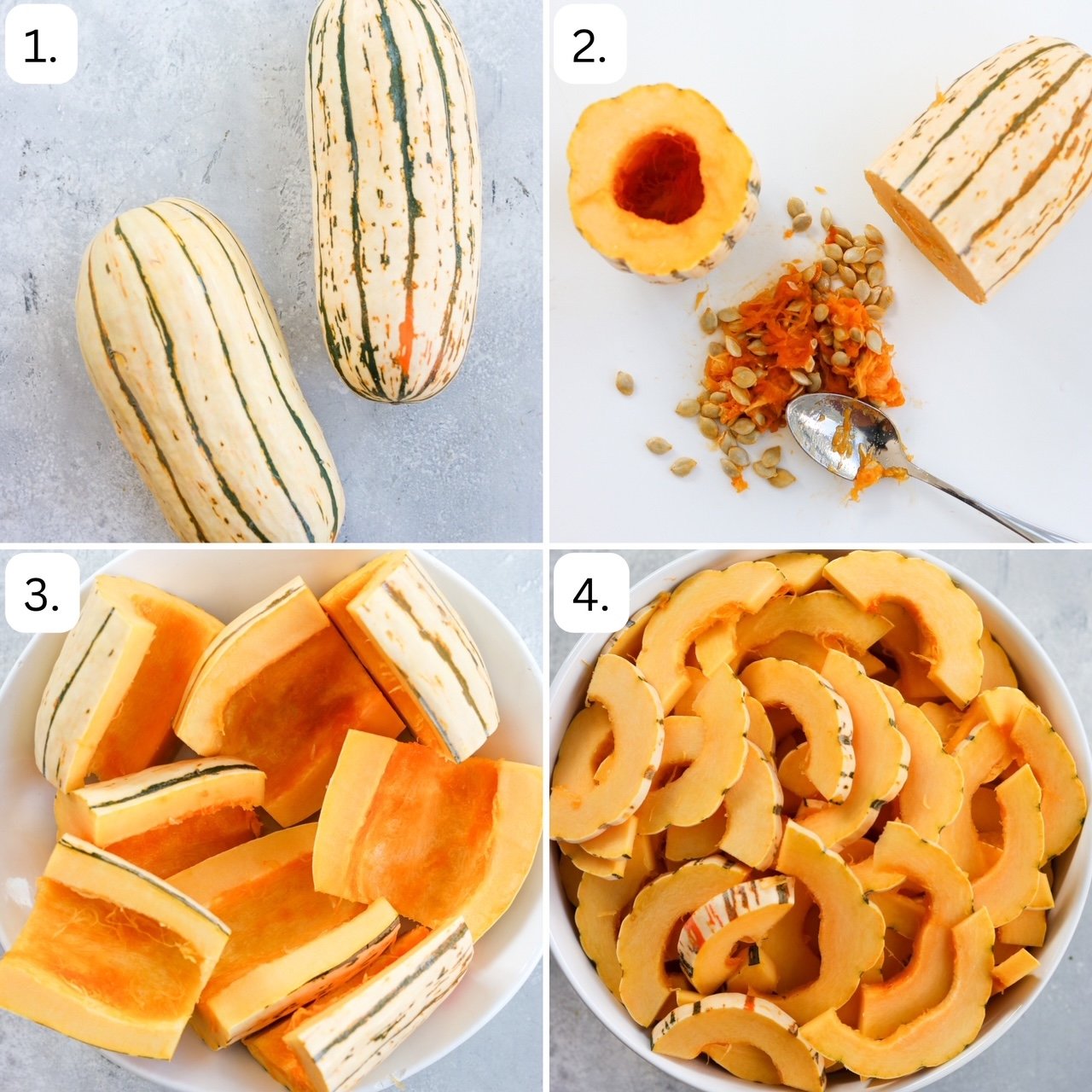 four images showing how to cut delicata squash