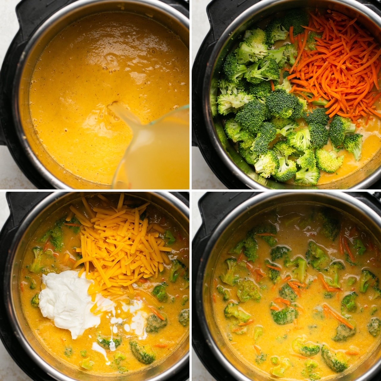 the last 4 steps for making Instant Pot Broccoli Cheddar Soup
