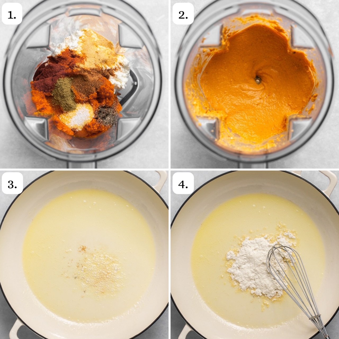 steps for making pumpkin pasta sauce in 4 quadrants