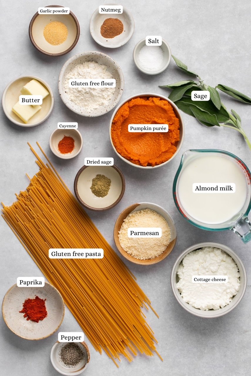 ingredients for pumpkin pasta sauce in nesting bowls