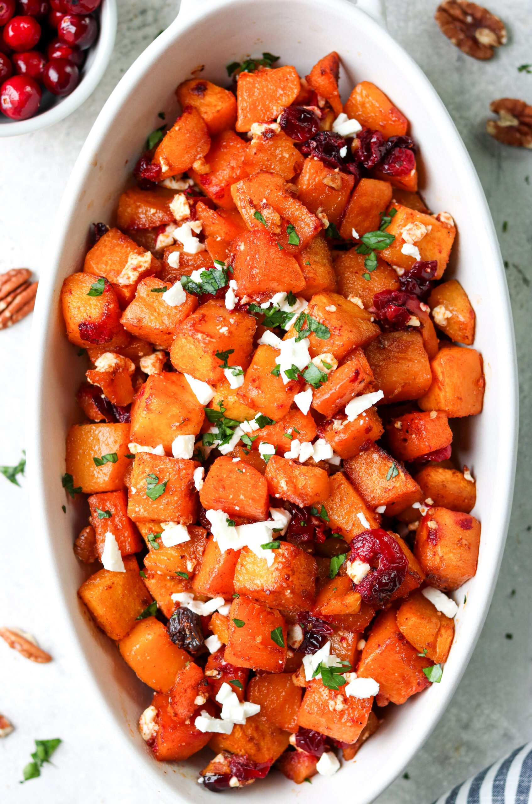 air fryer butternut squash with feta, cranberries and pecans
