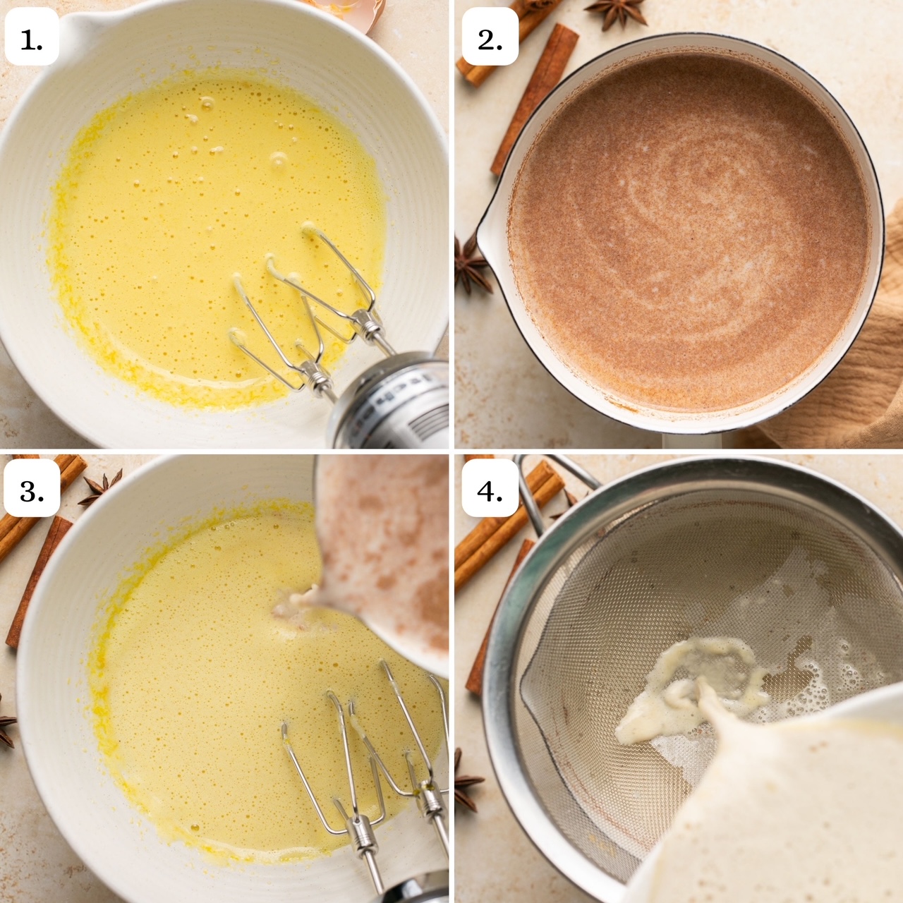 the first four steps for making eggnog on the stove