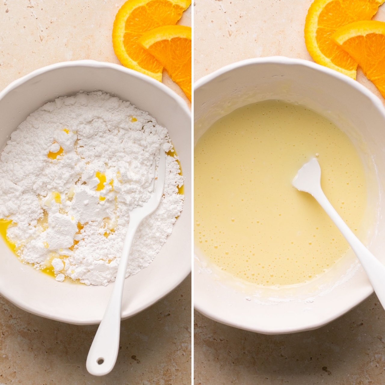 two pictures showing a before and after for making orange glaze