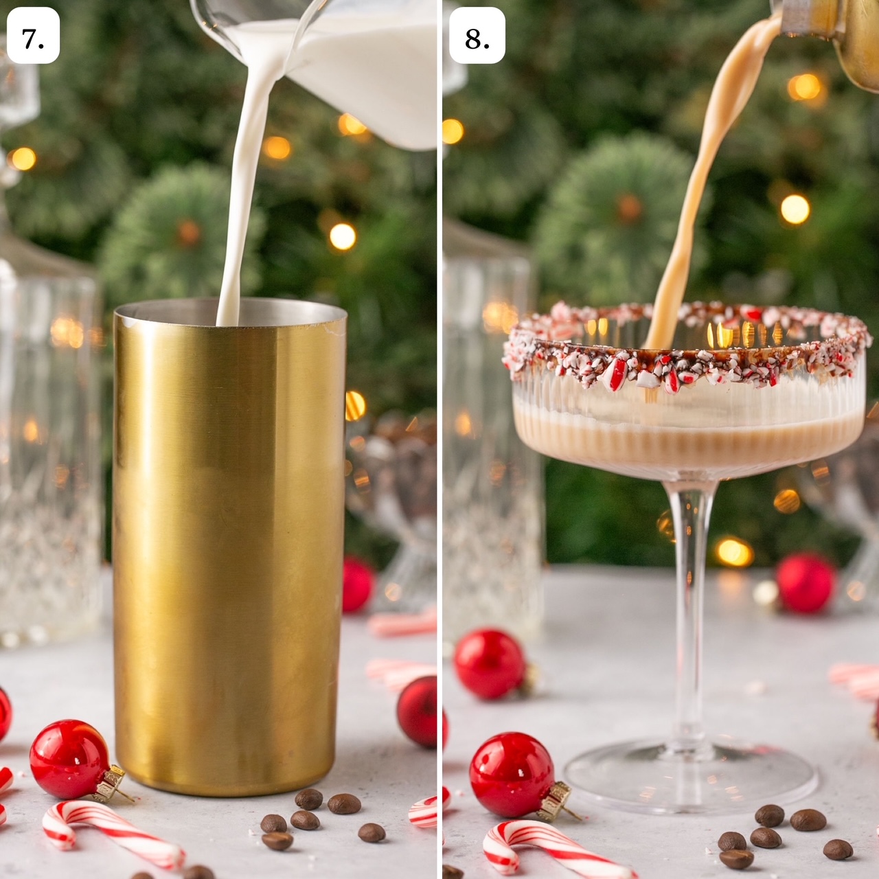 Steps 7 and 8 for making espresso martinis with peppermint