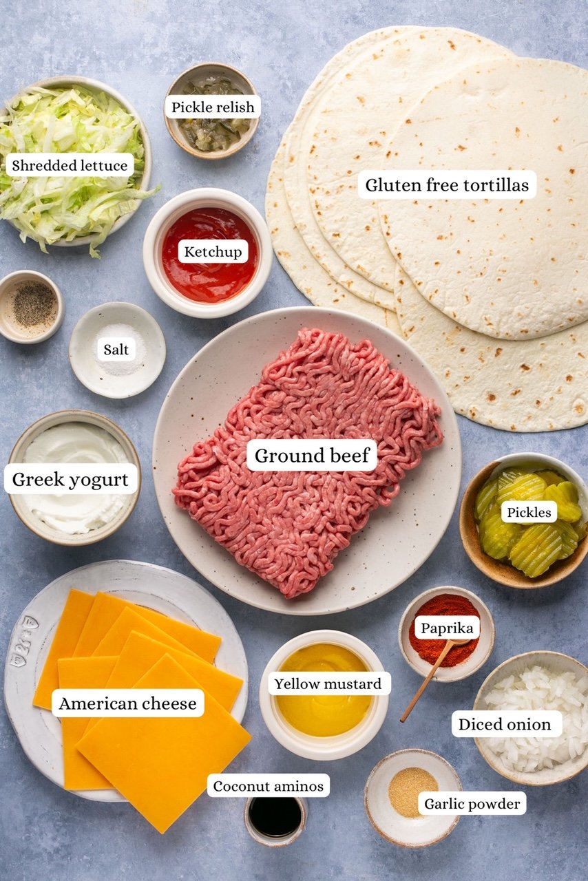 ingredients for big mac tacos in nesting bowls