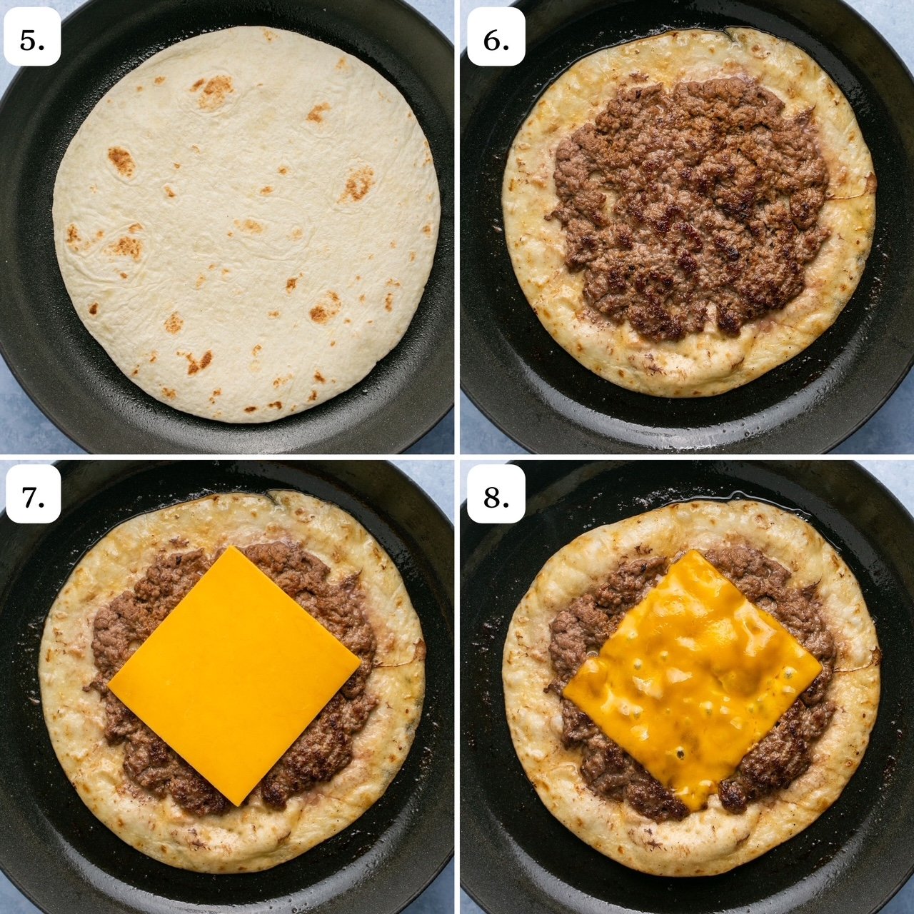 the last 4 steps for making smash burger tacos 