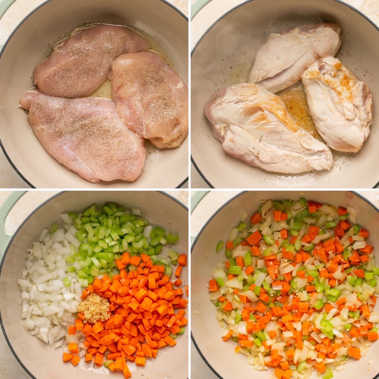 the first four steps for making chicken and dumplings