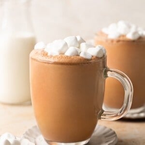 bone broth hot chocolate in a glass mug topped with marshmallows