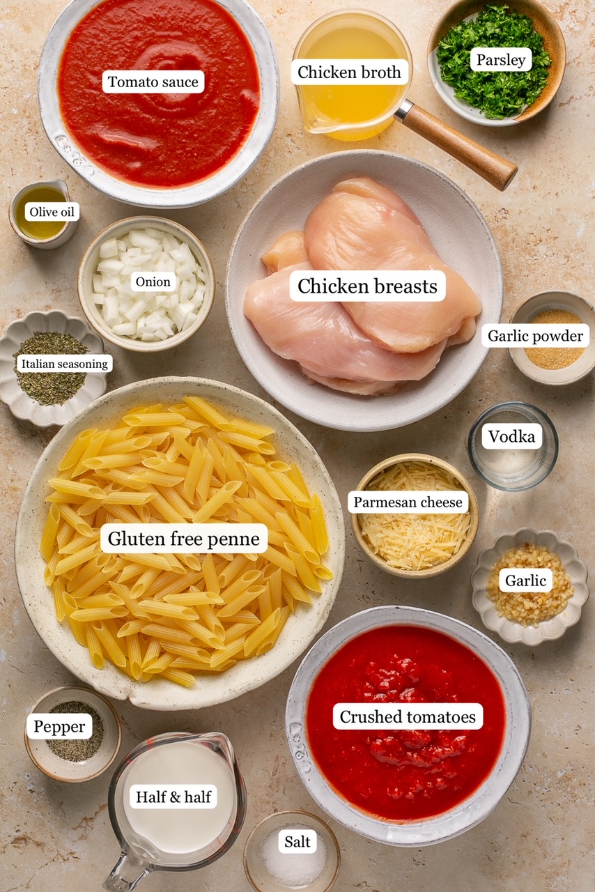 ingredients needed to make penne alla vodka with chicken in nesting bowls