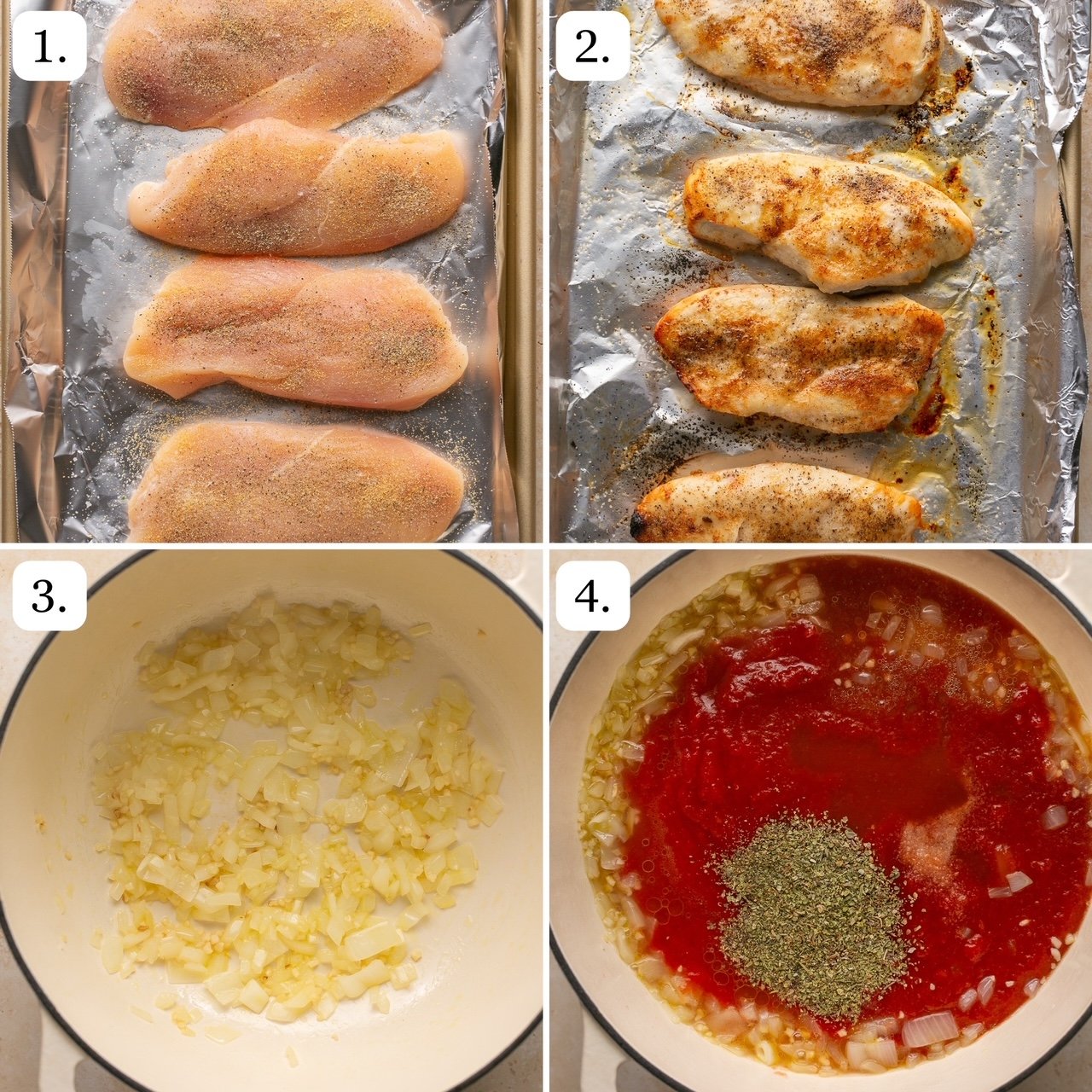 the first four steps for making chicken and penne vodka