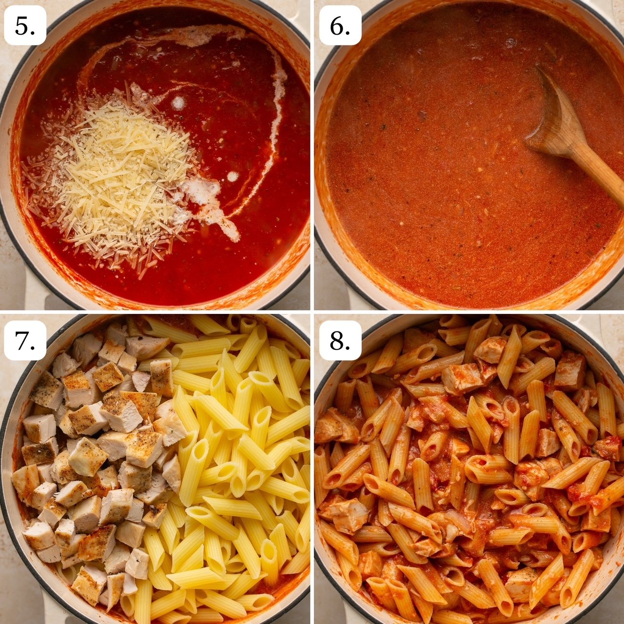 Steps 5-8 for making chicken and penne vodka in 4 quadrants