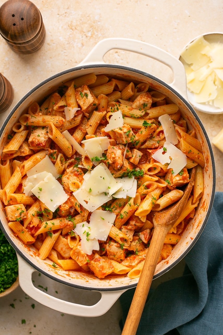 chicken and penne vodka in a pot topped with parmesan and parsley